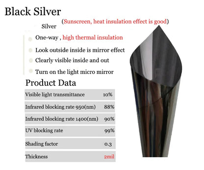 Window Privacy Film One Way Daytime Privacy Static Cling Sun Blocking Anti UV Reflective Window  for Home and OfficeBlack Silver